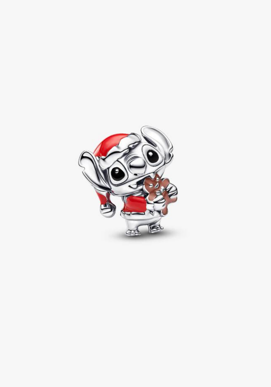 Charm de plata de Stitch con gorro navideño y galleta — colección Lilo & Stitch de Bellea